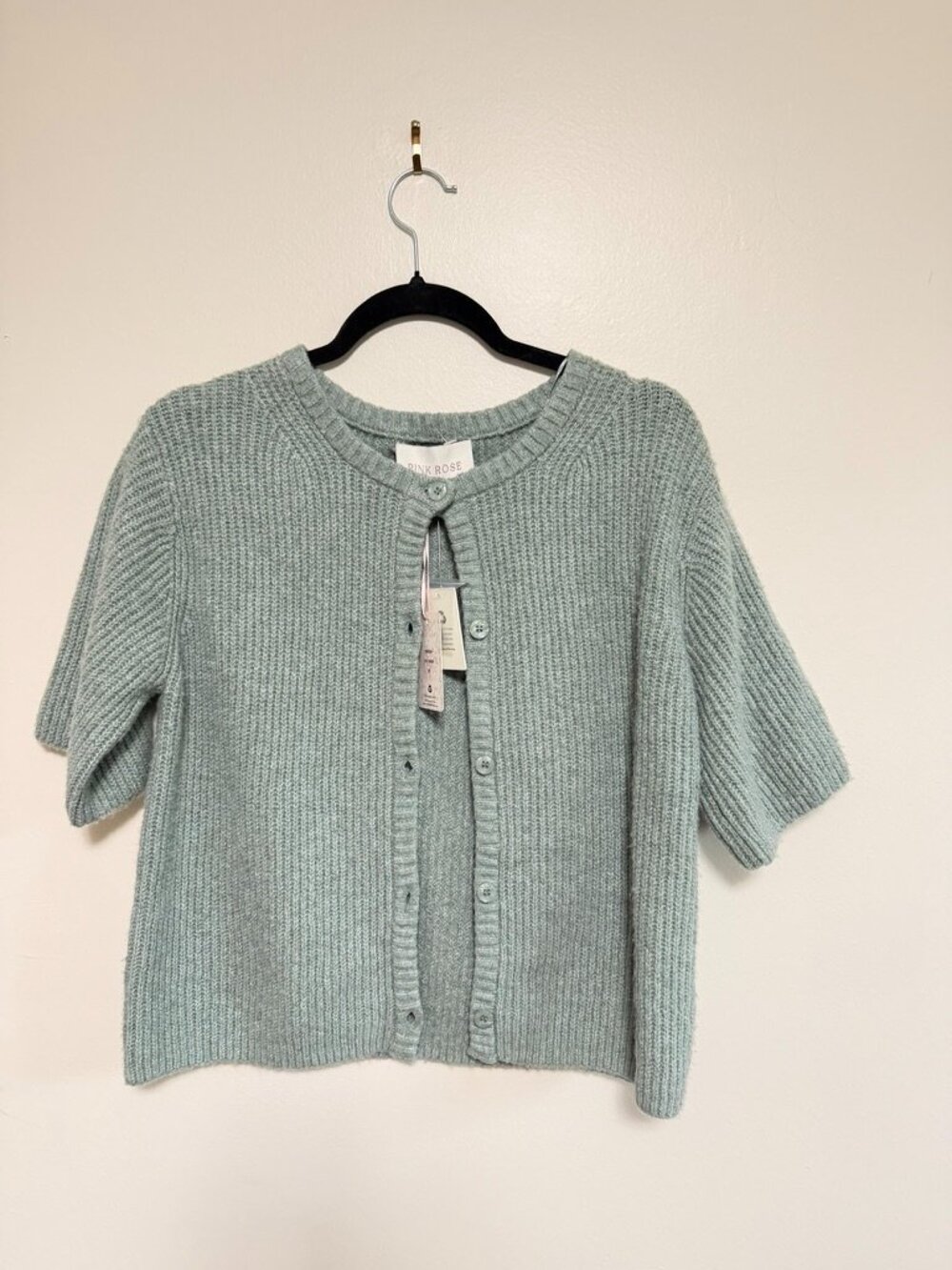 Pink Rose Short Sleeve Knit Cardigan Sweater Sage Green XS New With Tags
